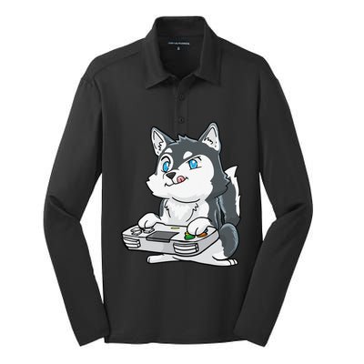 Siberian Husky Gaming Kawaii Gift for Gamers and Dog Lovers Silk Touch Performance Long Sleeve Polo