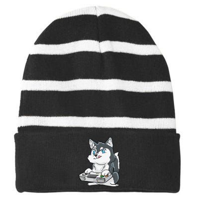 Siberian Husky Gaming Kawaii Gift for Gamers and Dog Lovers Striped Beanie with Solid Band