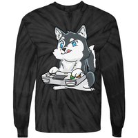 Siberian Husky Gaming Kawaii Gift for Gamers and Dog Lovers Tie-Dye Long Sleeve Shirt