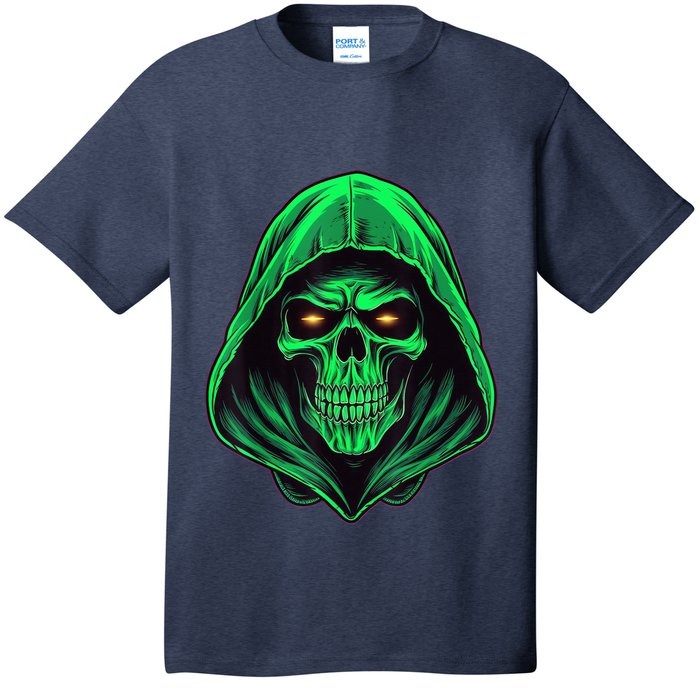 Scary Hooded Green Skull Head Creepy Halloween Costume T-Shirt