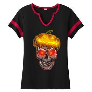 Spooky Halloween Glowing Pumpkin Skull Face Ladies Halftime Notch Neck Tee