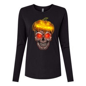 Spooky Halloween Glowing Pumpkin Skull Face Womens Cotton Relaxed Long Sleeve T-Shirt