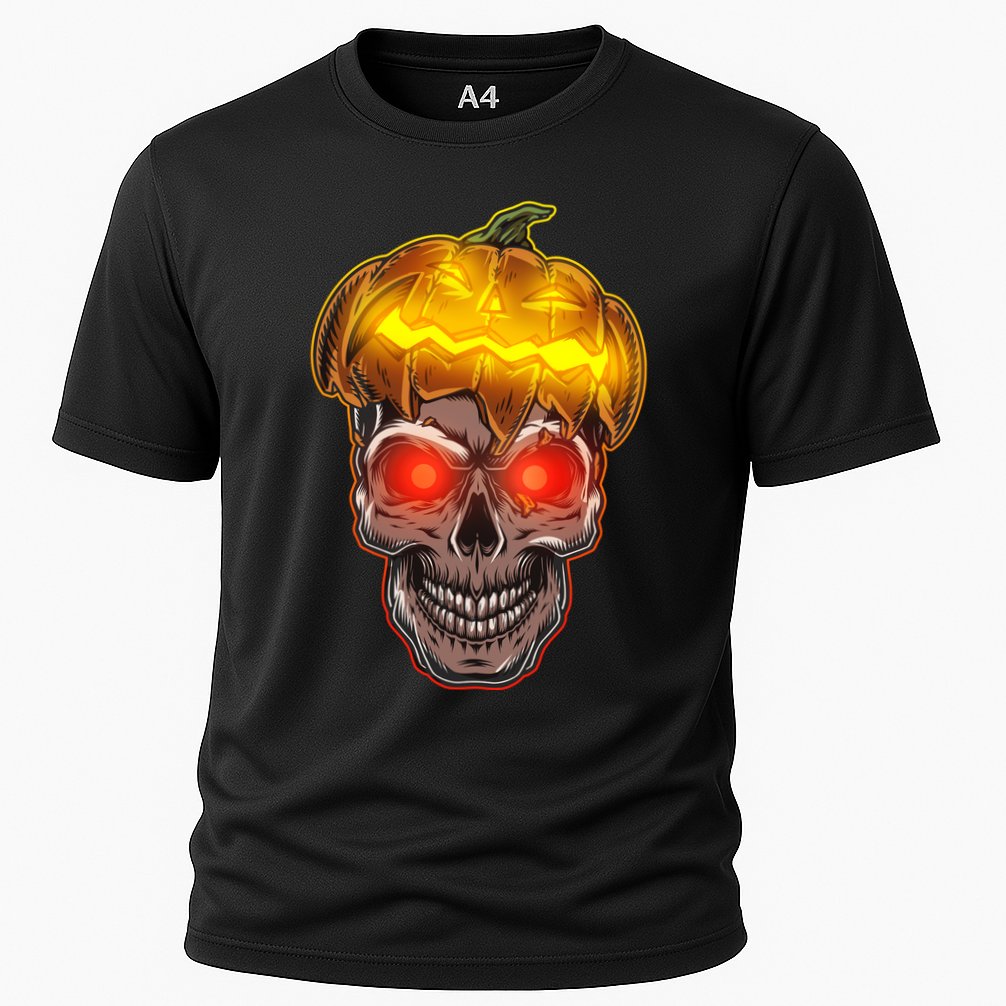 Spooky Halloween Glowing Pumpkin Skull Face Cooling Performance Crew T-Shirt