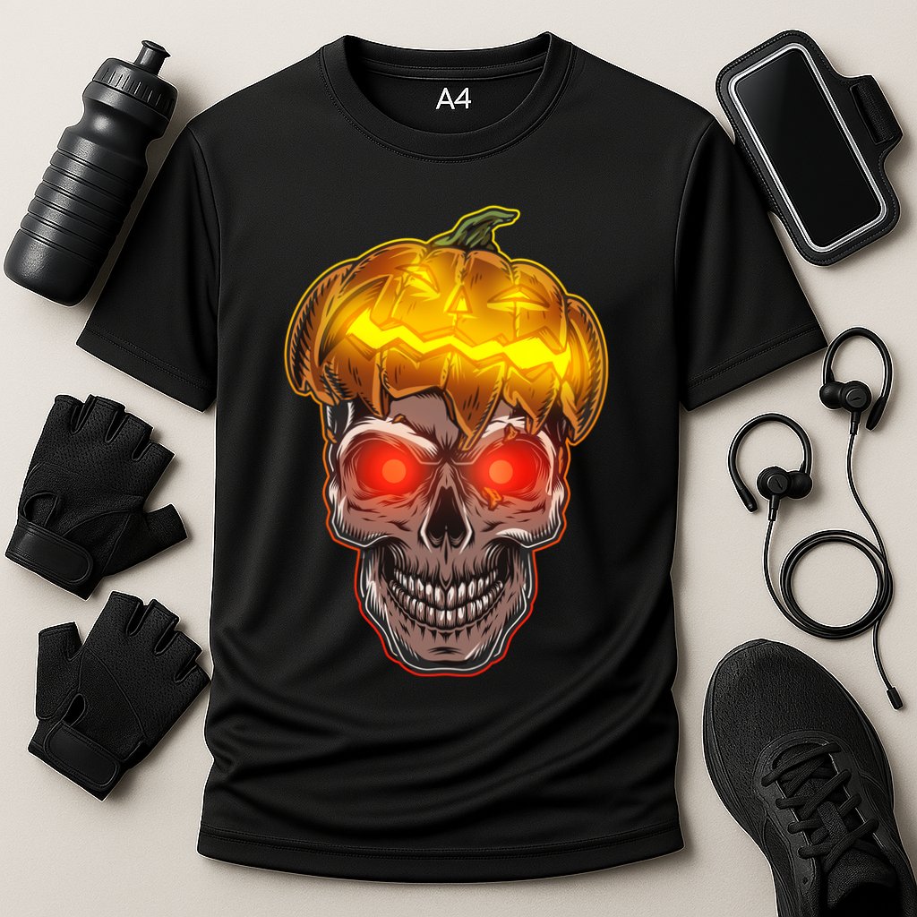 Spooky Halloween Glowing Pumpkin Skull Face Cooling Performance Crew T-Shirt