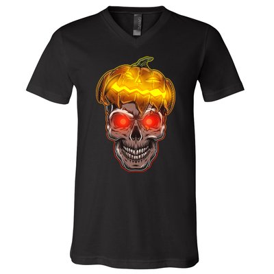 Spooky Halloween Glowing Pumpkin Skull Face V-Neck T-Shirt