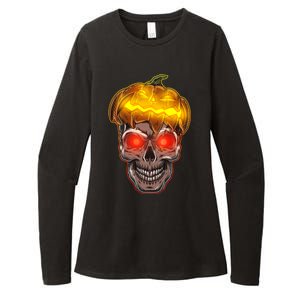 Spooky Halloween Glowing Pumpkin Skull Face Womens CVC Long Sleeve Shirt