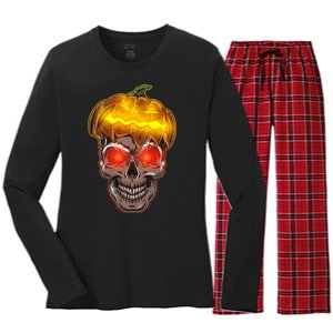 Spooky Halloween Glowing Pumpkin Skull Face Women's Long Sleeve Flannel Pajama Set 