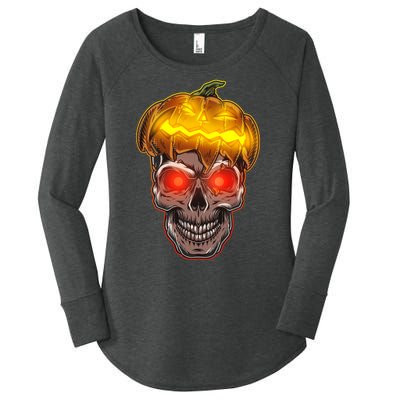 Spooky Halloween Glowing Pumpkin Skull Face Women's Perfect Tri Tunic Long Sleeve Shirt