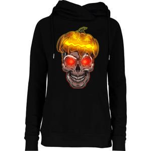 Spooky Halloween Glowing Pumpkin Skull Face Womens Funnel Neck Pullover Hood