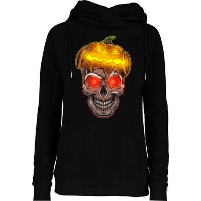 Spooky Halloween Glowing Pumpkin Skull Face Womens Funnel Neck Pullover Hood