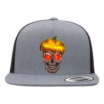 Spooky Halloween Glowing Pumpkin Skull Face Flat Bill Trucker Hat