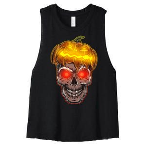 Spooky Halloween Glowing Pumpkin Skull Face Women's Racerback Cropped Tank