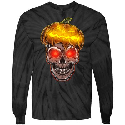 Spooky Halloween Glowing Pumpkin Skull Face Tie-Dye Long Sleeve Shirt