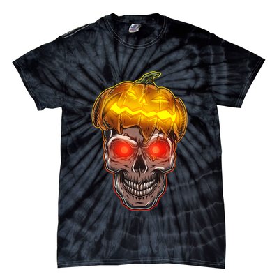 Spooky Halloween Glowing Pumpkin Skull Face Tie-Dye T-Shirt