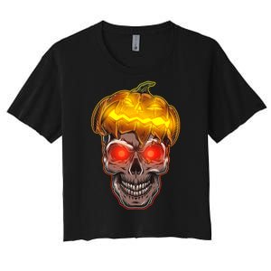 Spooky Halloween Glowing Pumpkin Skull Face Women's Crop Top Tee