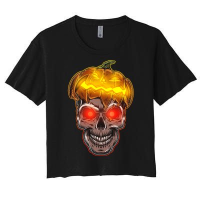 Spooky Halloween Glowing Pumpkin Skull Face Women's Crop Top Tee