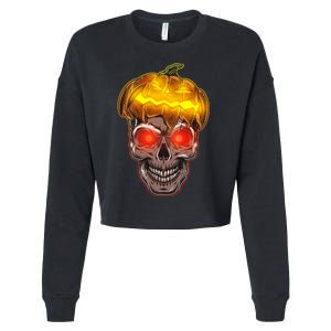 Spooky Halloween Glowing Pumpkin Skull Face Cropped Pullover Crew