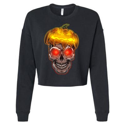 Spooky Halloween Glowing Pumpkin Skull Face Cropped Pullover Crew