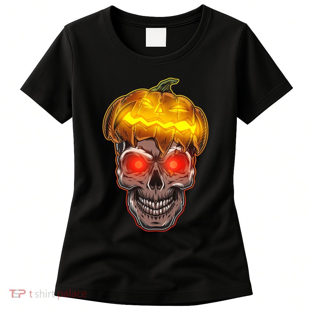 Spooky Halloween Glowing Pumpkin Skull Face Womens T-Shirt