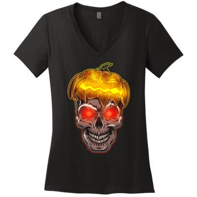 Spooky Halloween Glowing Pumpkin Skull Face Women's V-Neck T-Shirt
