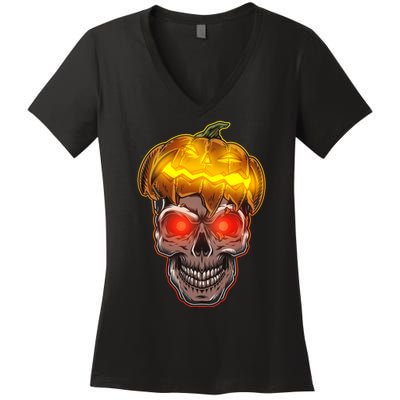 Spooky Halloween Glowing Pumpkin Skull Face Women's V-Neck T-Shirt