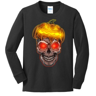 Spooky Halloween Glowing Pumpkin Skull Face Kids Long Sleeve Shirt