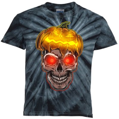 Spooky Halloween Glowing Pumpkin Skull Face Kids Tie-Dye T-Shirt