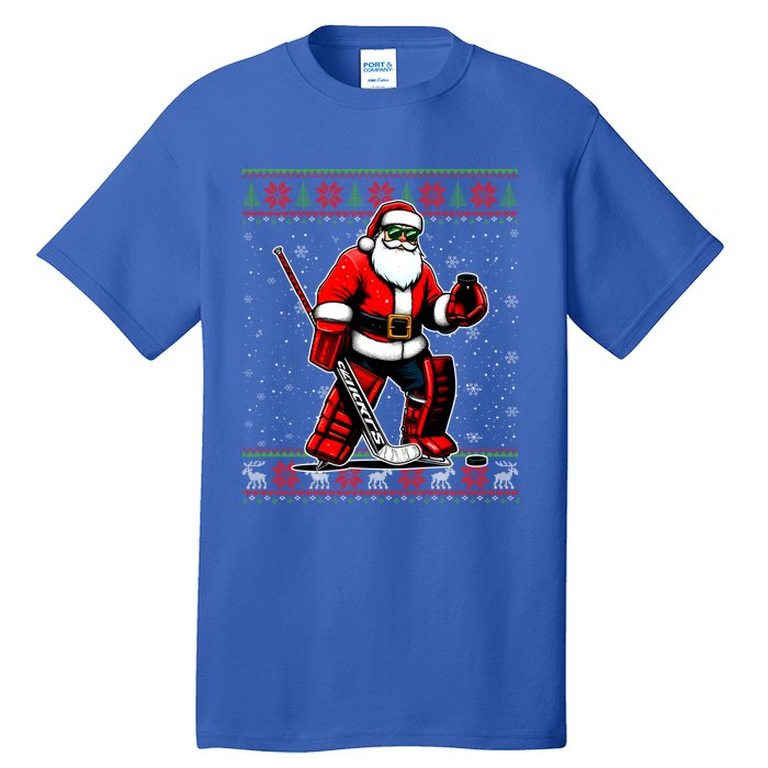 Santa Hockey Goalie Ugly Christmas Gift Tall T-Shirt