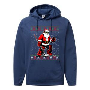 Santa Hockey Goalie Ugly Christmas Gift Performance Fleece Hoodie