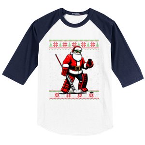 Santa Hockey Goalie Ugly Christmas Gift Baseball Sleeve Shirt