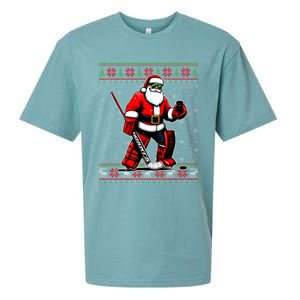 Santa Hockey Goalie Ugly Christmas Gift Sueded Cloud Jersey T-Shirt