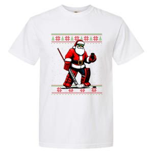 Santa Hockey Goalie Ugly Christmas Gift Garment-Dyed Heavyweight T-Shirt