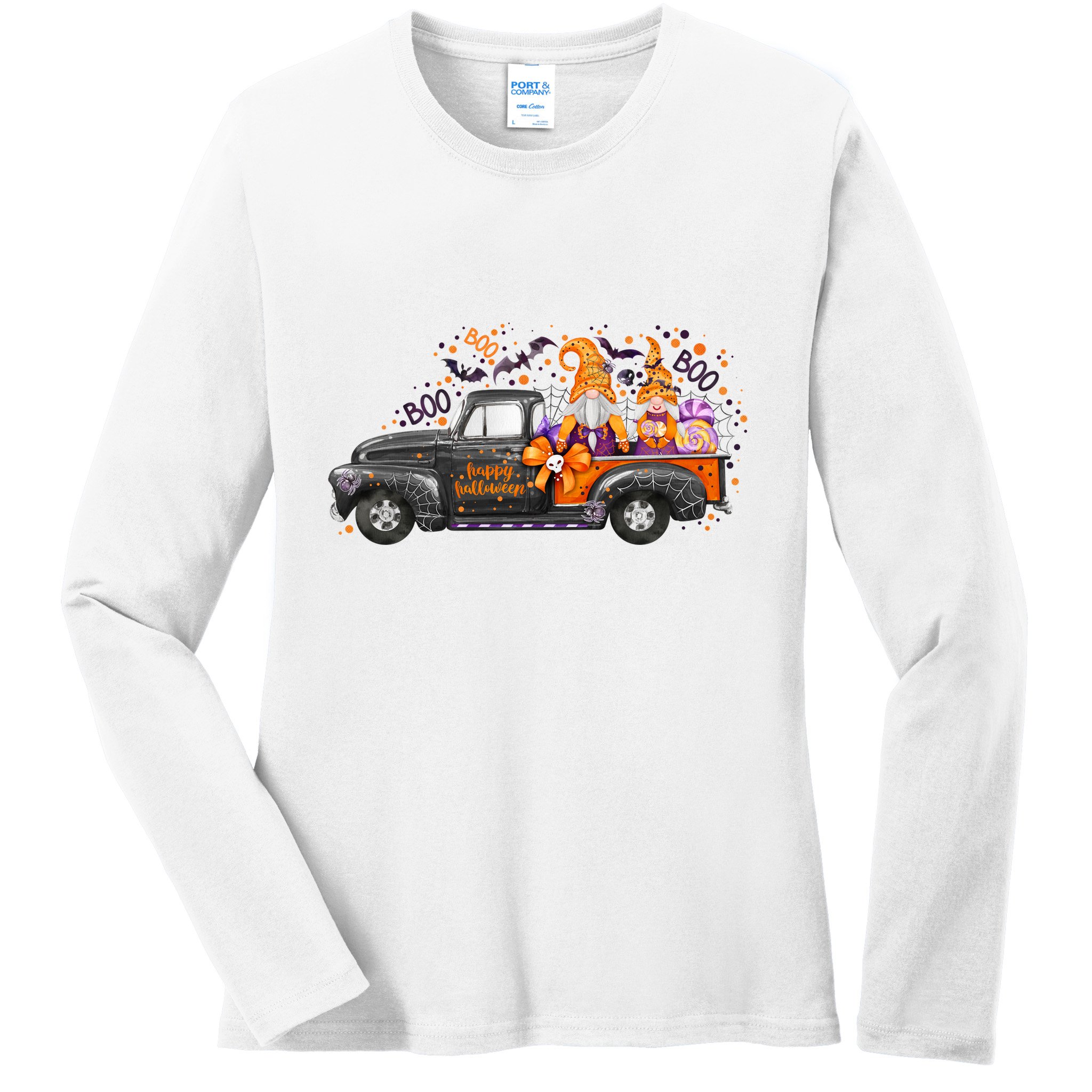 Spooky Halloween Gnome Squad Truck Ladies Long Sleeve Shirt