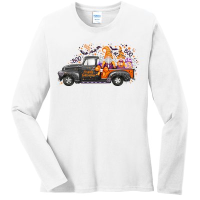 Spooky Halloween Gnome Squad Truck Ladies Long Sleeve Shirt