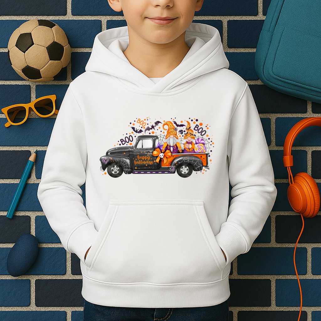 Spooky Halloween Gnome Squad Truck Kids Hoodie