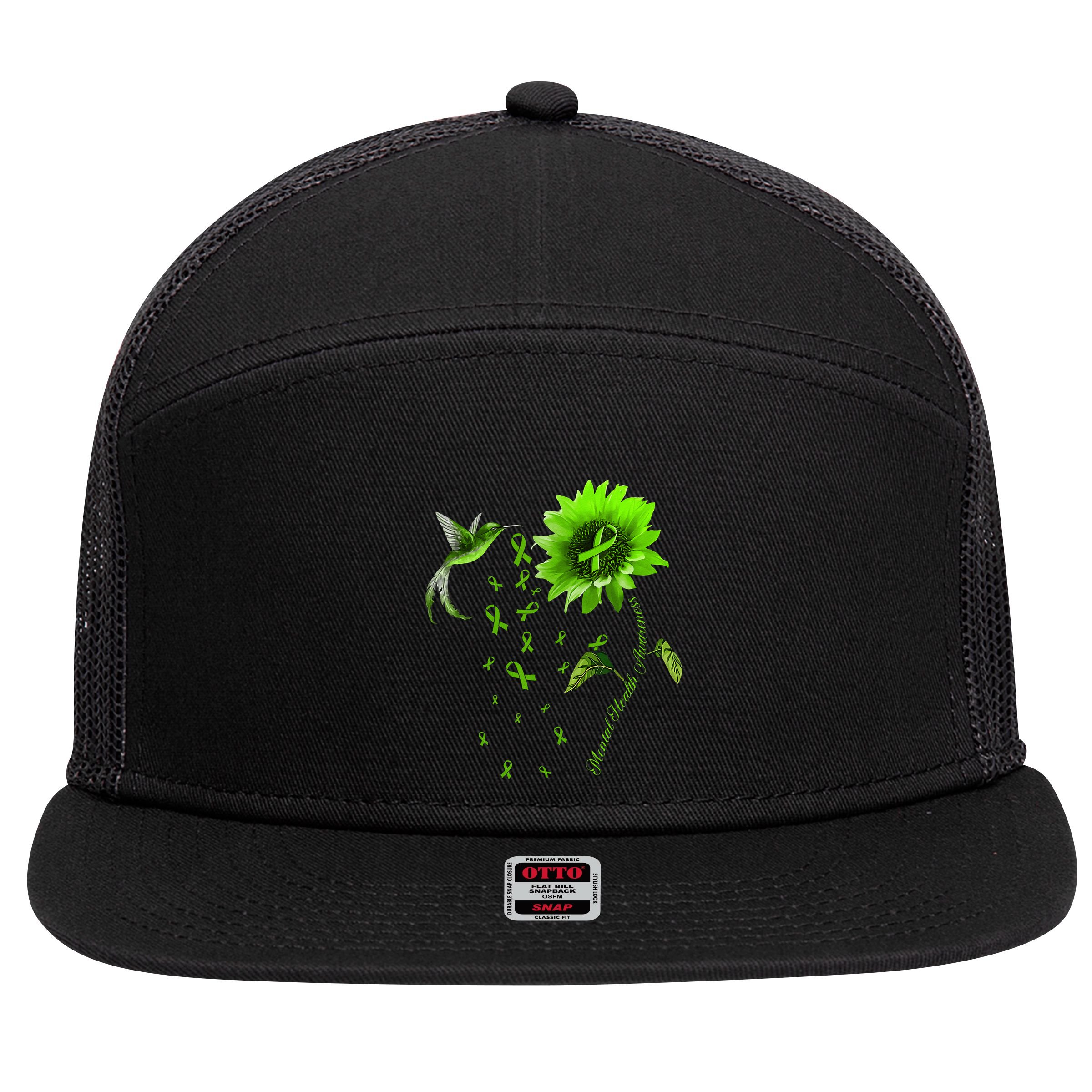 Sunflower Hummingbird Green Ribbon Mental Health Awareness 7 Panel Mesh Trucker Snapback Hat