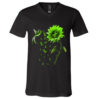 Sunflower Hummingbird Green Ribbon Mental Health Awareness V-Neck T-Shirt