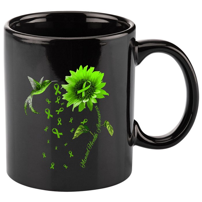 Sunflower Hummingbird Green Ribbon Mental Health Awareness 11oz C Handle Ceramic Mug