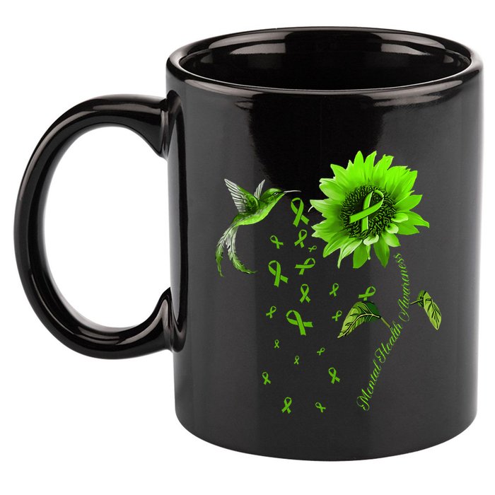Sunflower Hummingbird Green Ribbon Mental Health Awareness 11oz C Handle Ceramic Mug