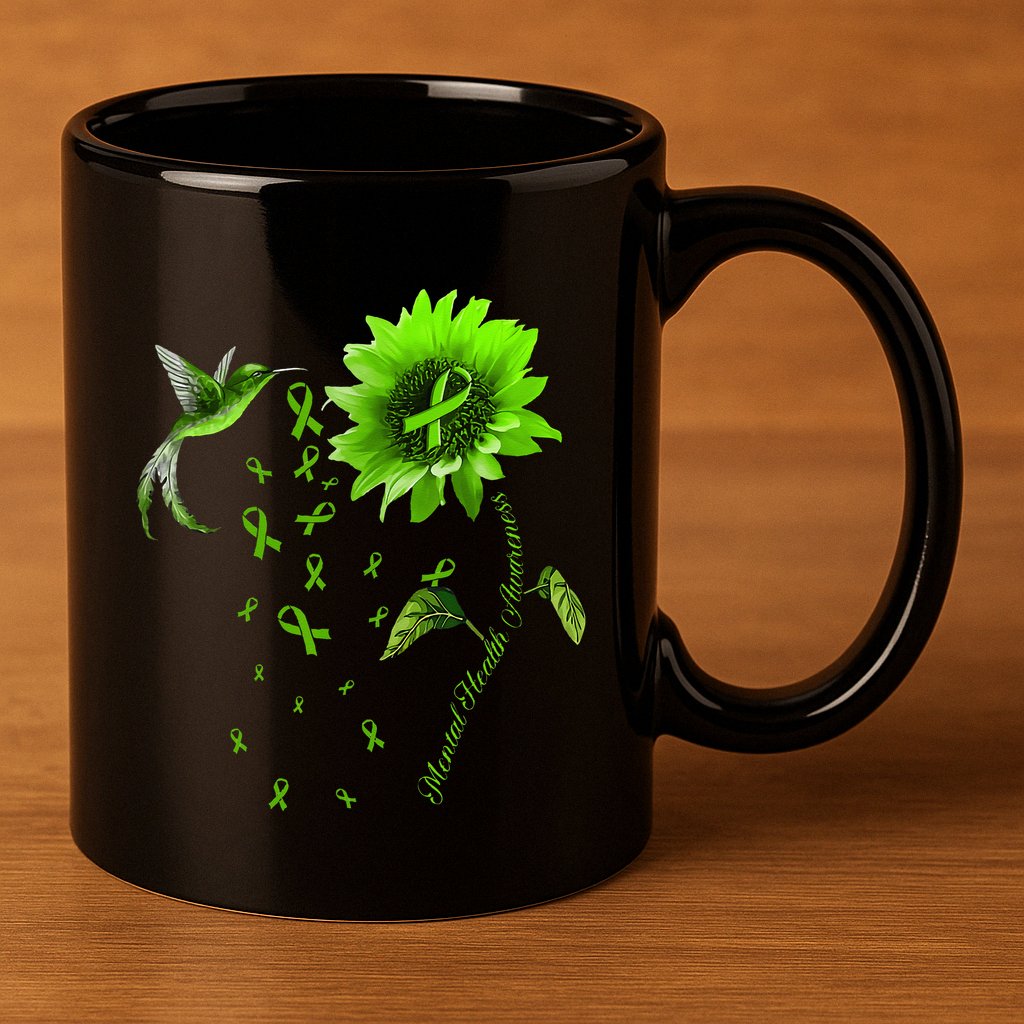 Sunflower Hummingbird Green Ribbon Mental Health Awareness 11oz C Handle Ceramic Mug