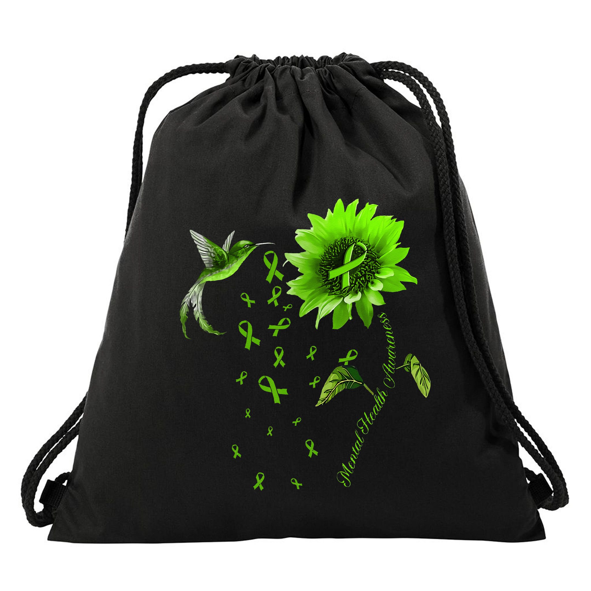 Sunflower Hummingbird Green Ribbon Mental Health Awareness Drawstring Bag
