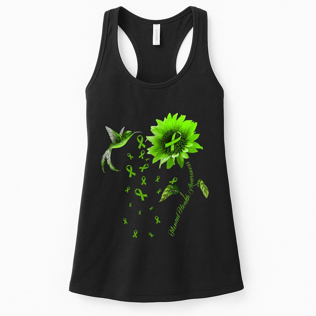Sunflower Hummingbird Green Ribbon Mental Health Awareness Womens Tank Top
