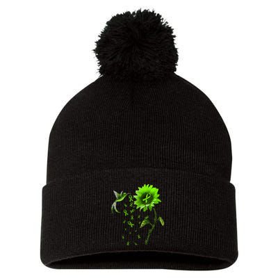 Sunflower Hummingbird Green Ribbon Mental Health Awareness Pom Pom 12in Knit Beanie
