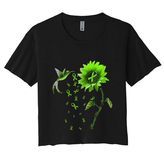 Sunflower Hummingbird Green Ribbon Mental Health Awareness Crop Top