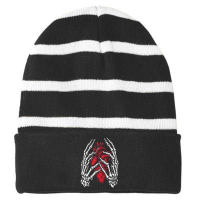 Skeleton Hands Holding Heart Halloween Costume Striped Beanie with Solid Band