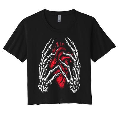 Skeleton Hands Holding Heart Halloween Costume Women's Crop Top Tee