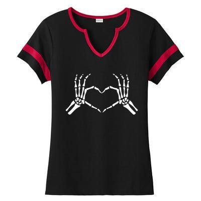 Halloween Skeleton Hand Heart Sign Bones Funny Gift Ladies Halftime Notch Neck Tee