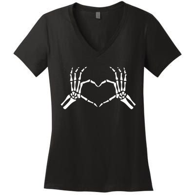 Halloween Skeleton Hand Heart Sign Bones Funny Gift Women's V-Neck T-Shirt