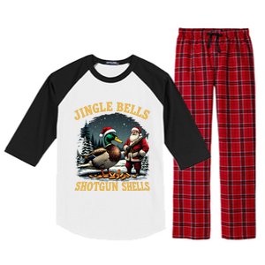 Santa Hunting Humor Mallard Jingle Bells Shotgun Shells Gift Raglan Sleeve Pajama Set