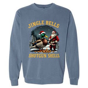 Santa Hunting Humor Mallard Jingle Bells Shotgun Shells Gift Garment-Dyed Sweatshirt